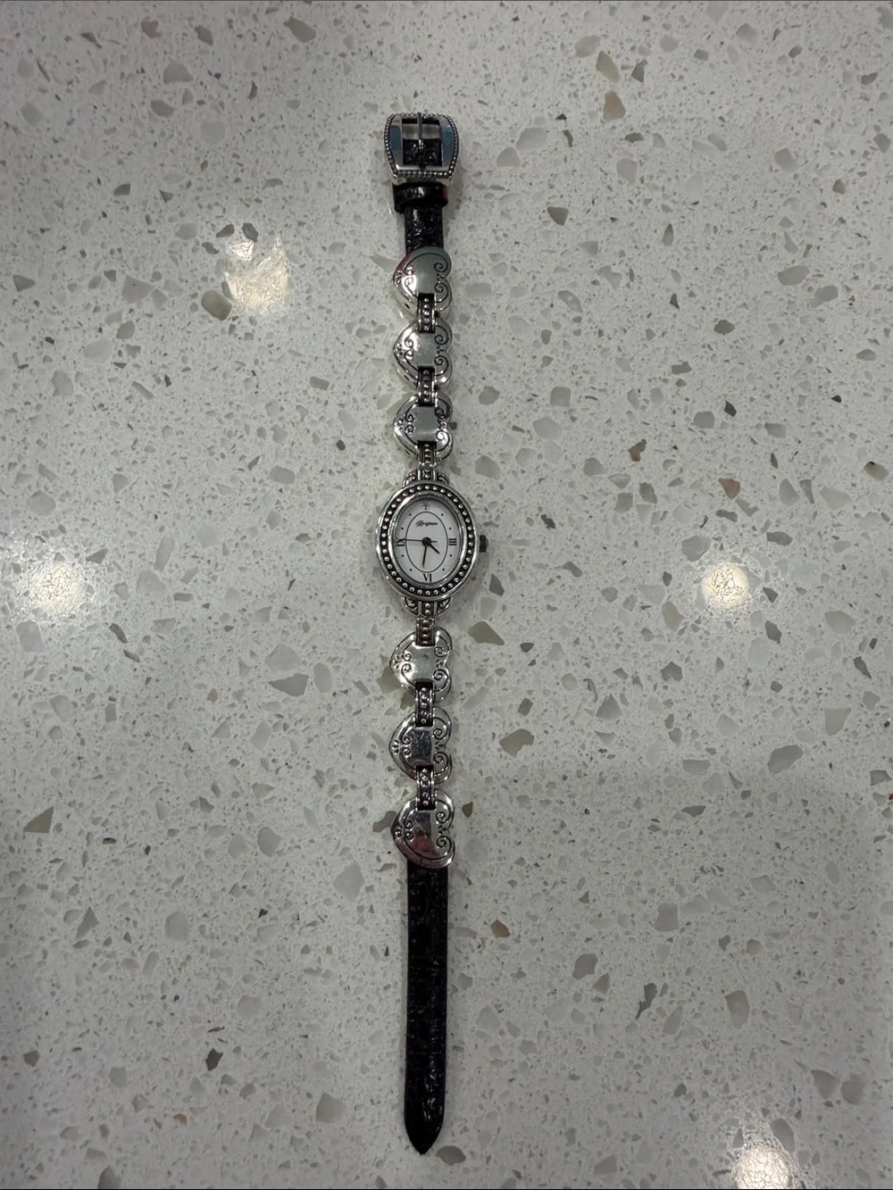 Brighton Silver Heart Link Watch with Black Strap and White Dial
